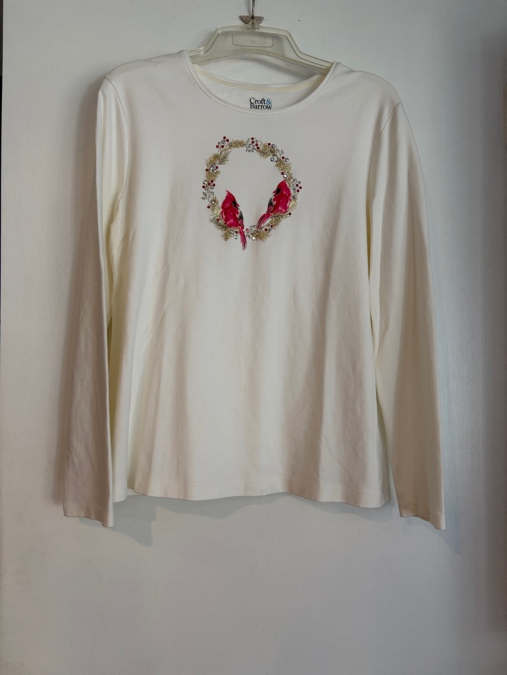 Croft & Barrow Cream Long Sleeve Tee with Red Cardinal Wreath Graphic